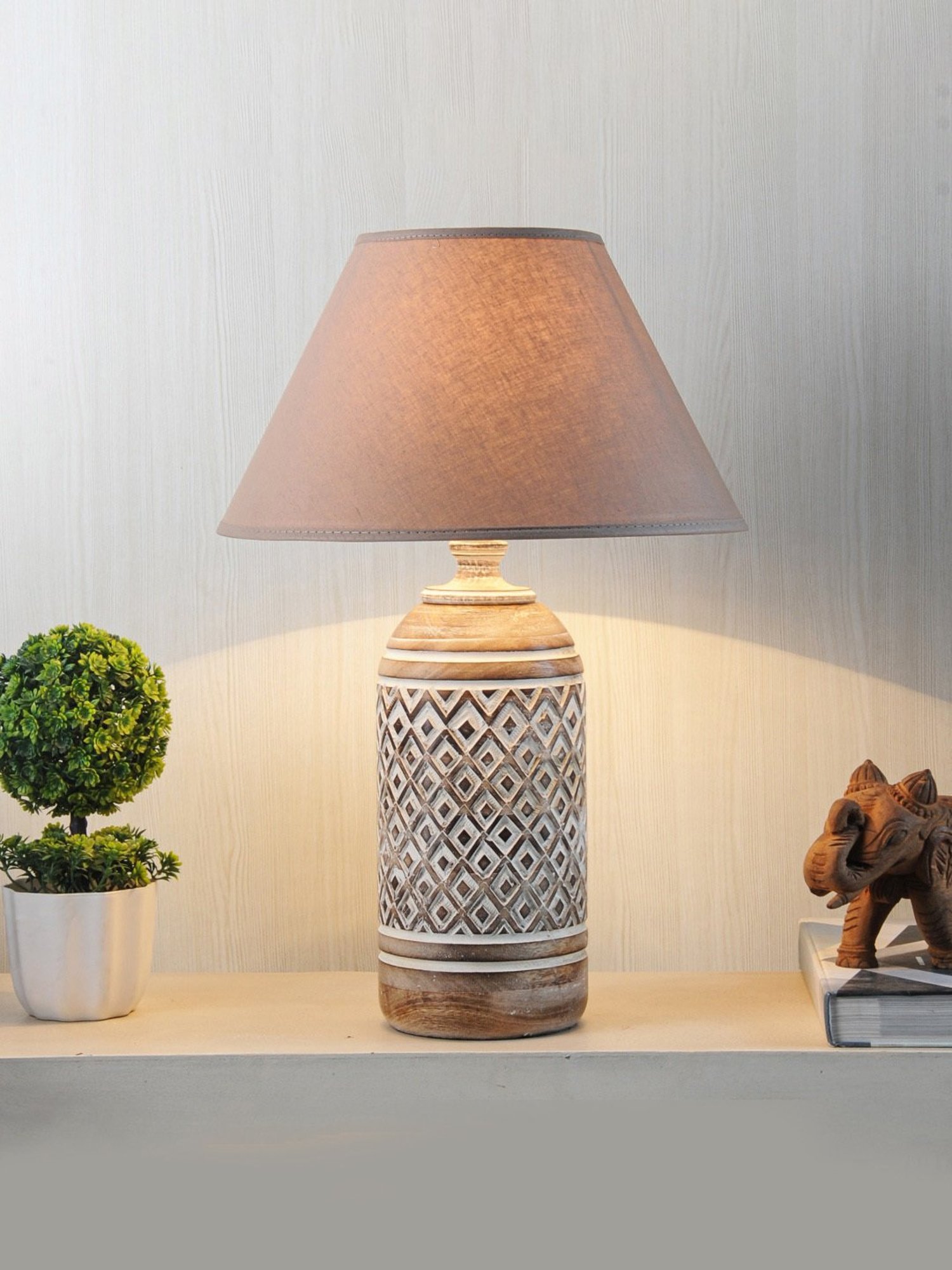 Kapoor E Illuminations Elvis White & Brown Wooden Table Lamp - Set of 1