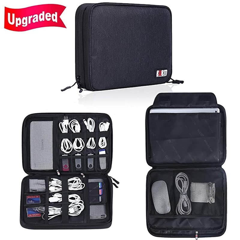 Double Layer Electronics OrganizerTravel Gadget Bag for Cables Memory Cards Flash Hard Drive and More Fit for iPad or Tabletup to 97Large Black
