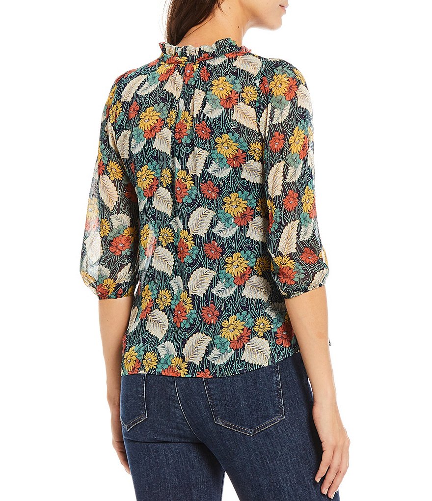 Figueroa & Flower Petite Size Jazleen Floral Mixed Print Ruffle V-Neck Elbow Sleeve Foiled Detail Top