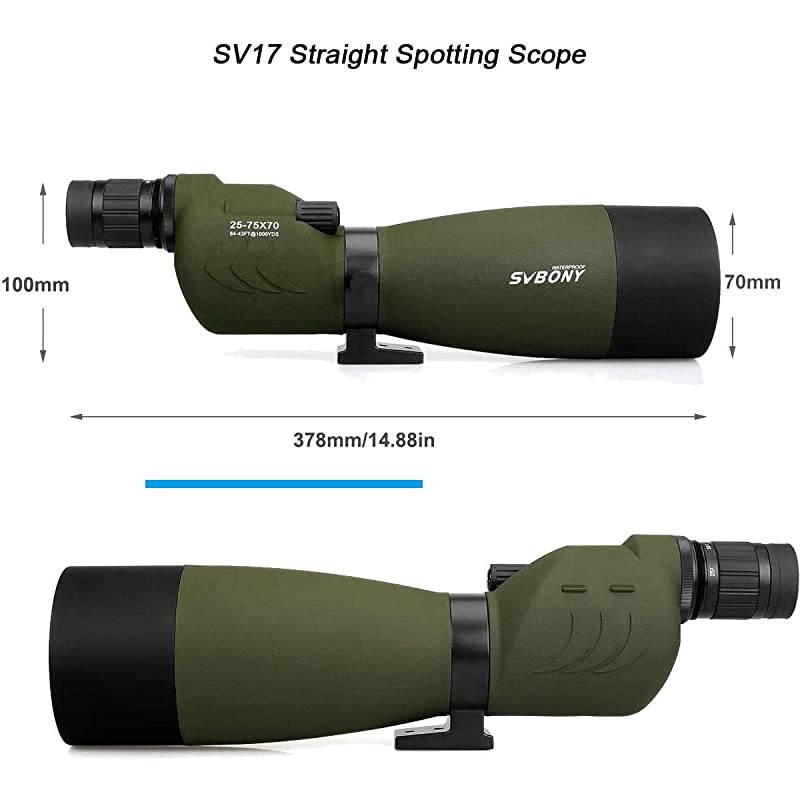 SV17 Spotting Scope Straight 2575x70mm Zoom Telescope Bak4 Waterproof for Bird Watching Wildlife Viewing Archery Range with Soft Case