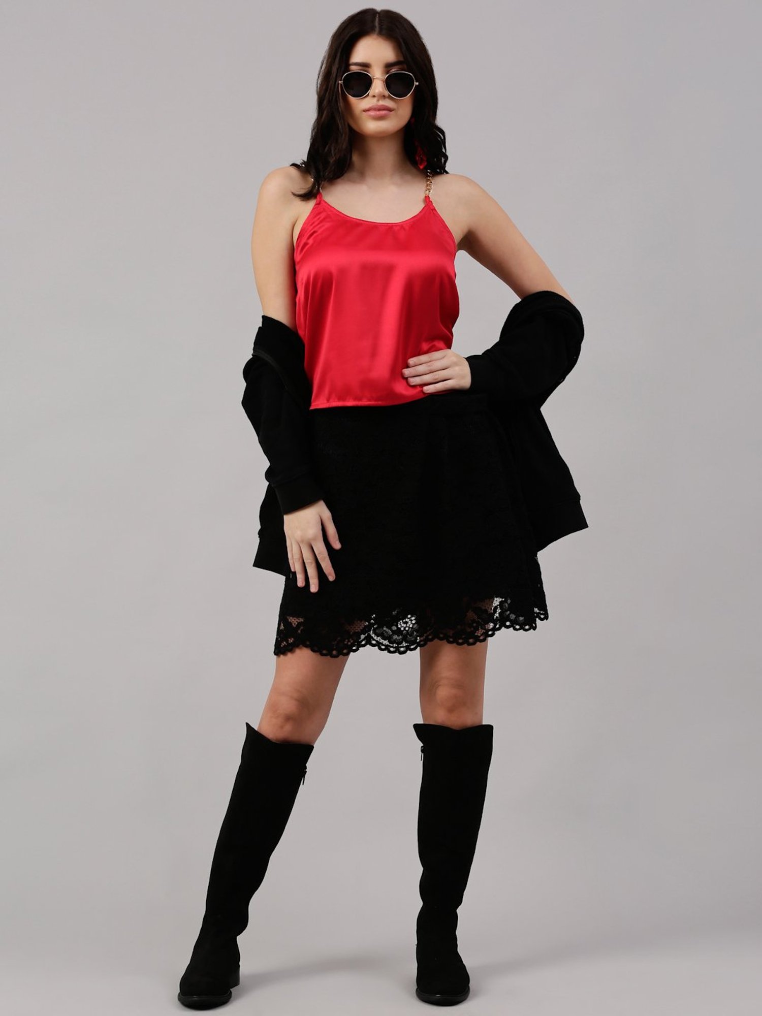 NEUDIS Red Round Neck Spaghetti Top