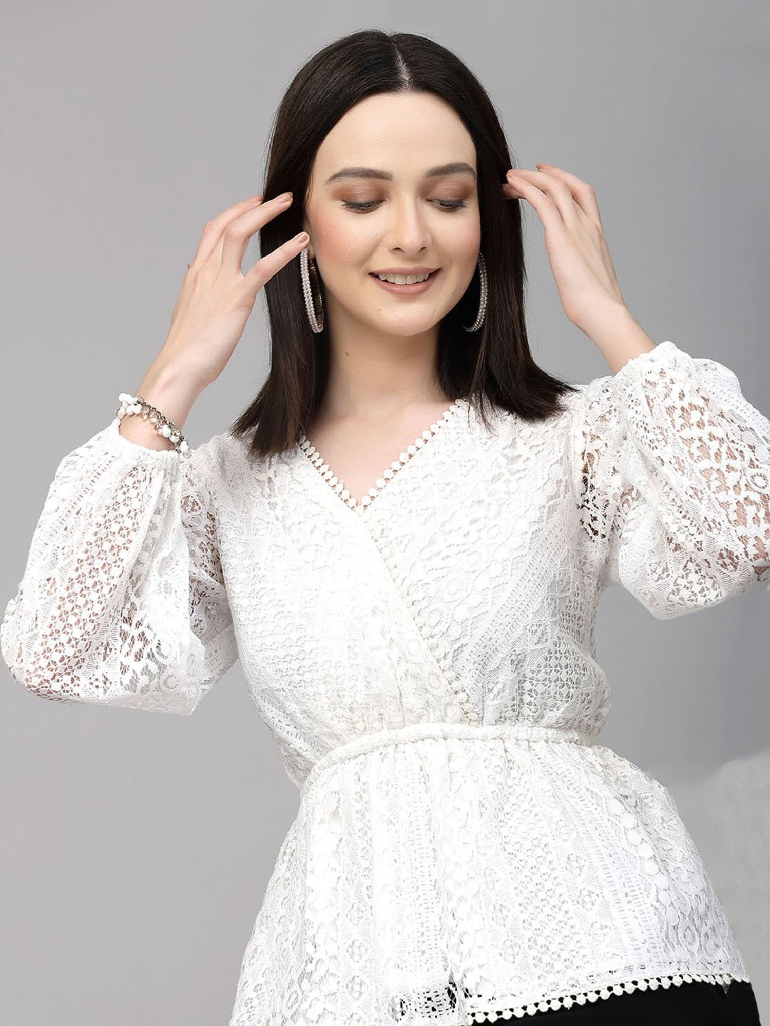 Style Quotient Women White Self Design  Lace Regular Smart Casual Peplum Top