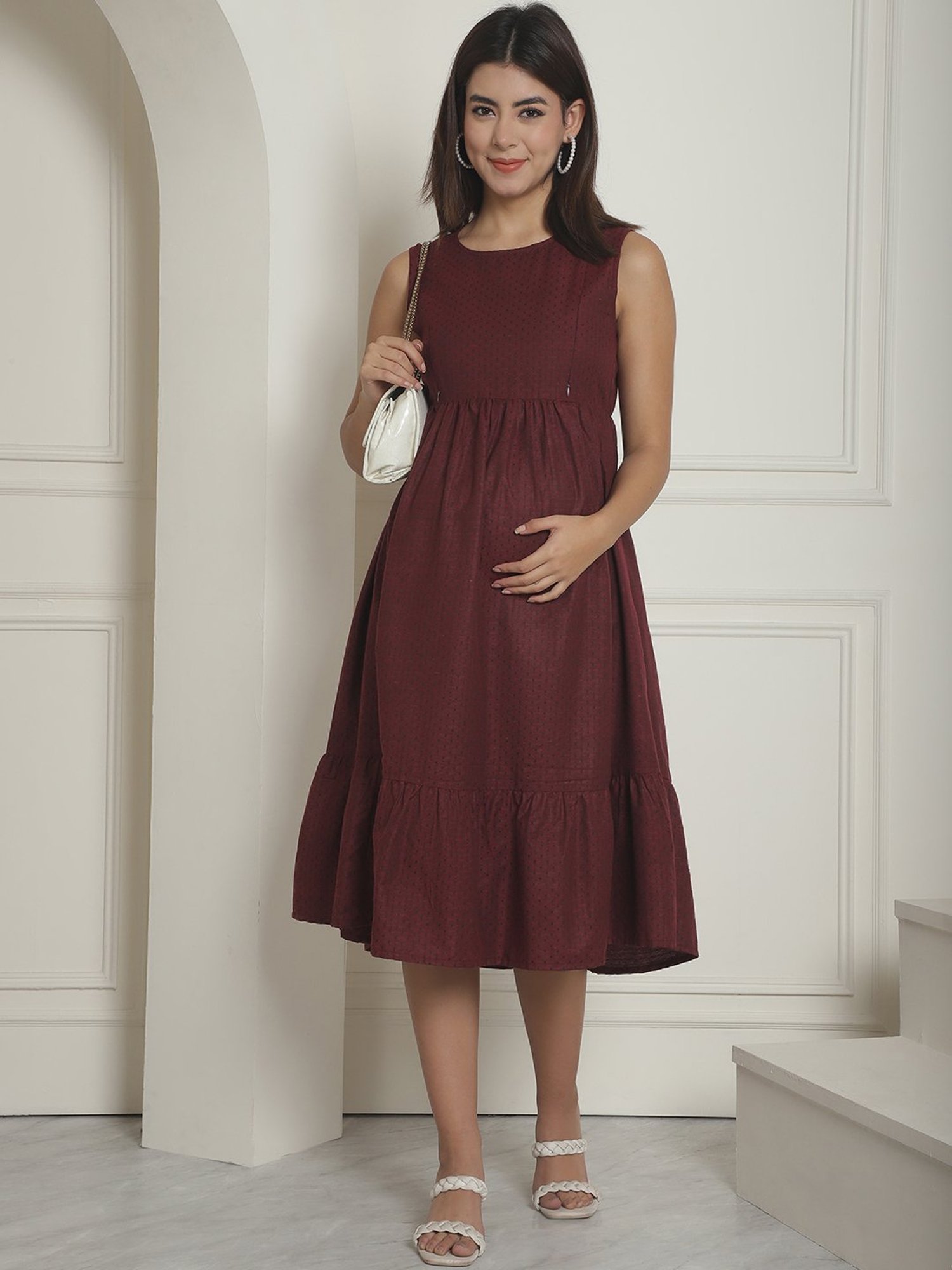 Moms Maternity Maroon Self Designs Maternity Midi Dress