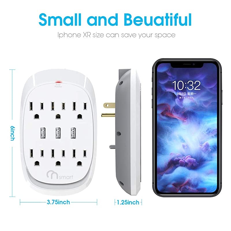 ON USB Wall Tap Surge Protector with 6 outlets 3 USB 34A Output Portable WallMount Socket 300J Surge Protection  Charging for Home Office Kitchen Travel White