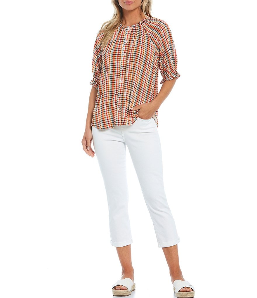 Bobeau Gingham Print Ruffle Trim Neck Short Sleeve Button Down Top