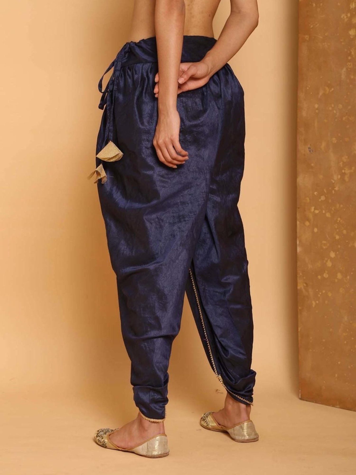 Kaanchie Nanggia Navy Blue Cotton Silk Pleated Dhoti Pants