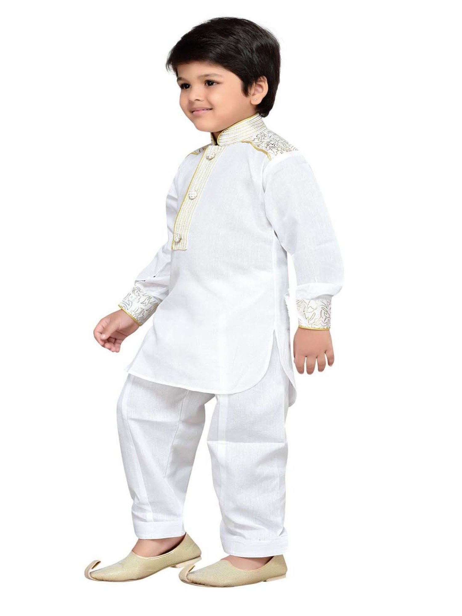 AJ Dezines Kids White Cotton Embroidered Full Sleeves Kurta Set