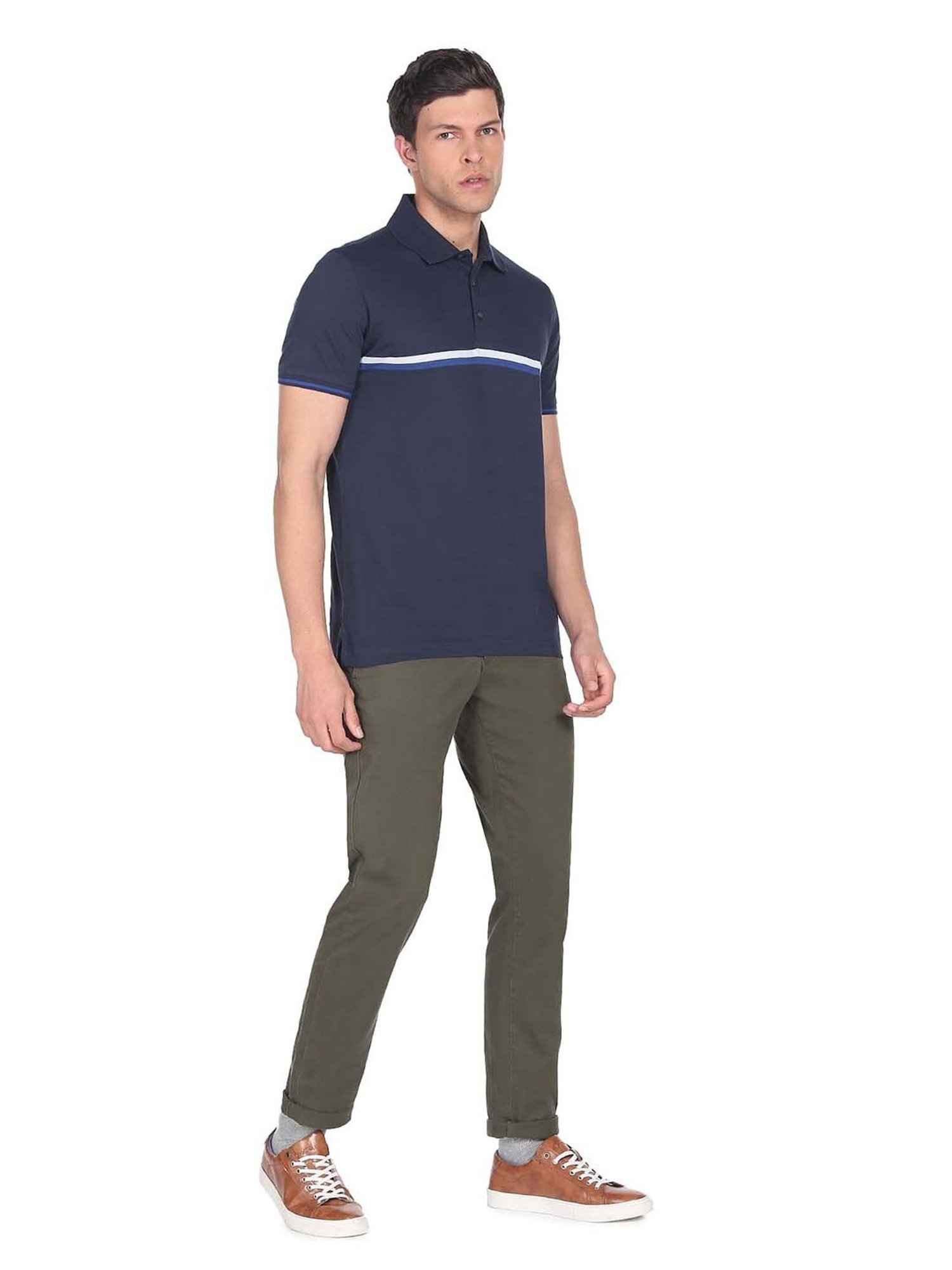 Arrow Navy Regular Fit Striped Cotton Polo T-Shirt