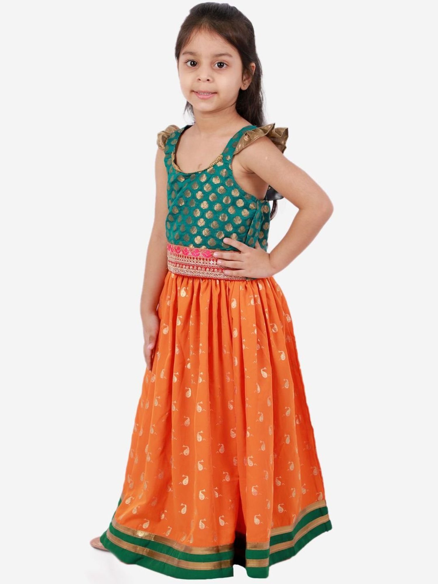 TWISHA Kids Green & Orange Printed Lehenga Choli