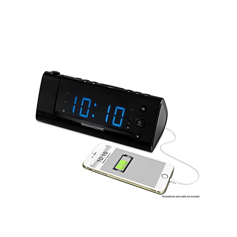 USB Charging Alarm Clock Radio with Time Projection Battery Backup Auto Time Set Dual Alarm 12 LED Display for Smartphones Tablets EAAC475