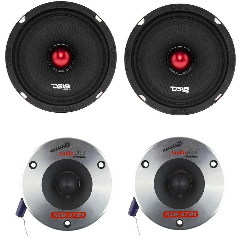 DS18 Pro X 6.5" 500 watt  8 Ohm Mid Range Car and Truck Loudspeaker with Audiopipe ATR-3721 3.75" 350 Watt Titanium Car Audio Bullet Tweeter, Pair