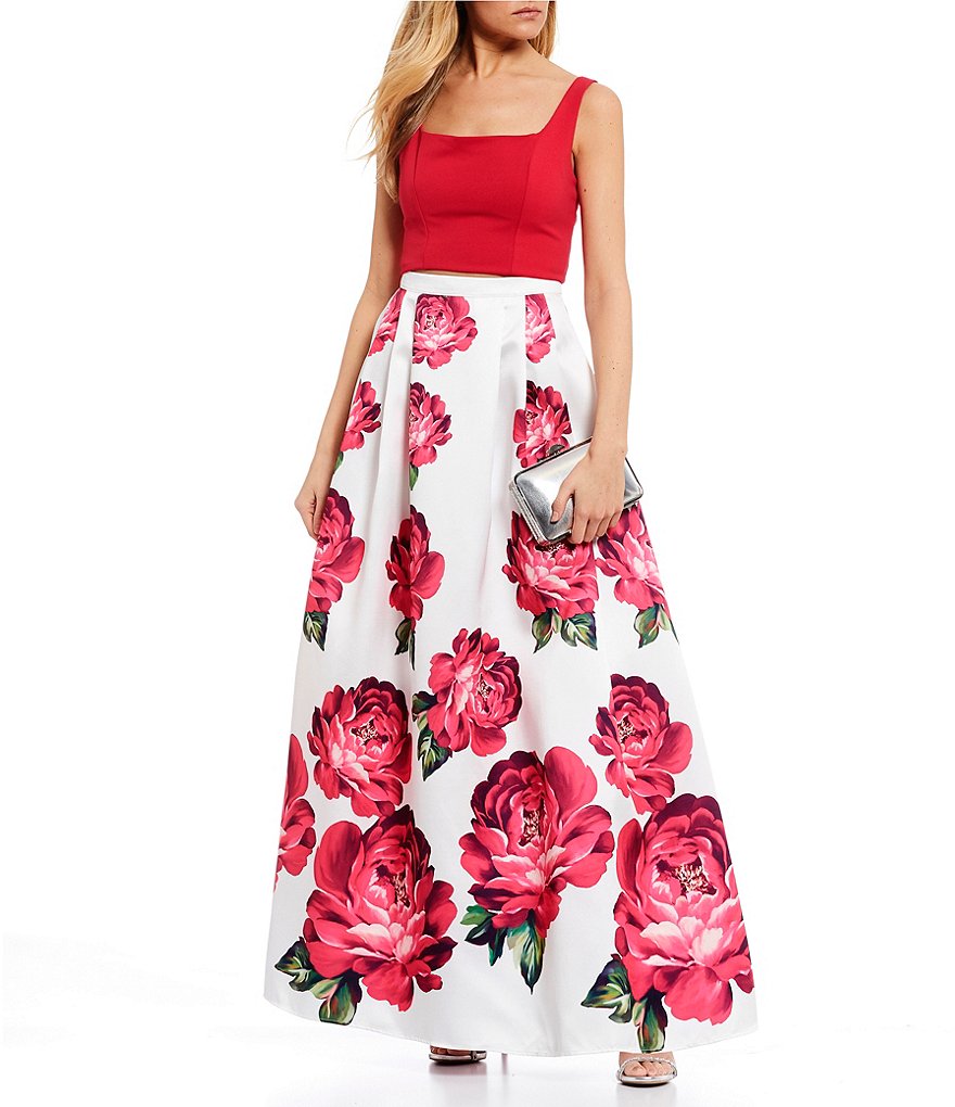 Sequin Hearts Square Neck Top with Floral Print Skirt Two-Piece Ball Gown