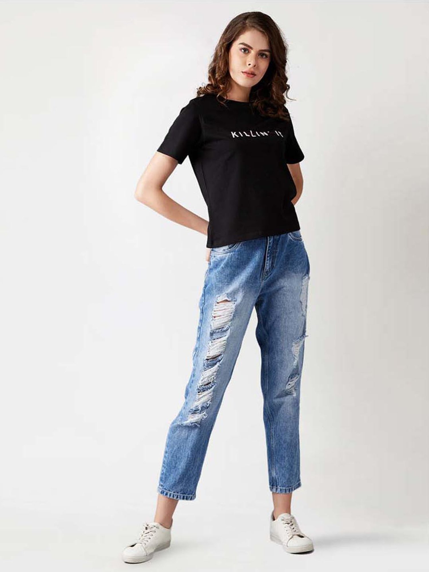 Miss Chase Black Cotton Printed T-Shirt