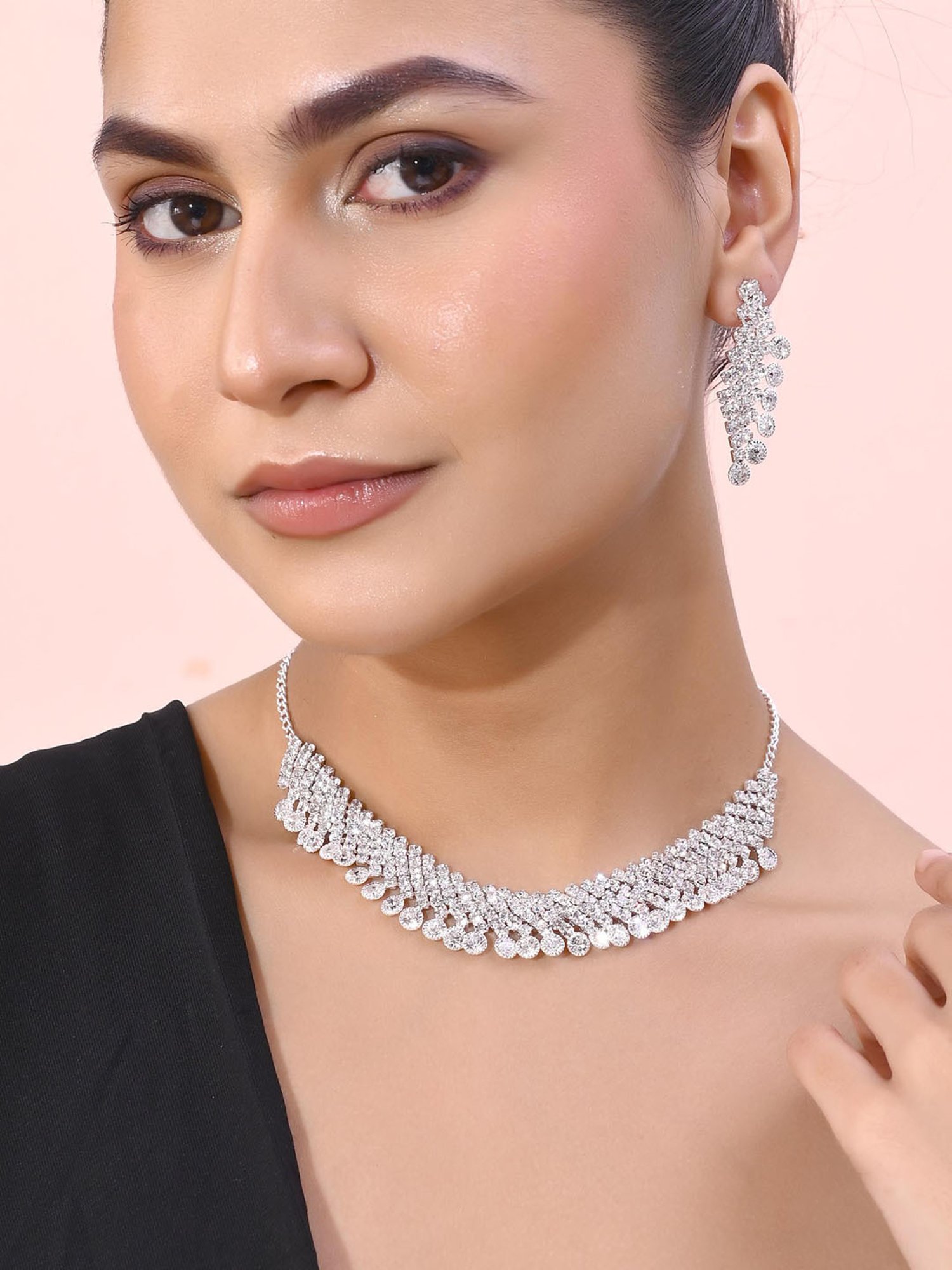 VOJ Ad Stone Studded Silver Plated Necklace with Drop Earrings Set for Women