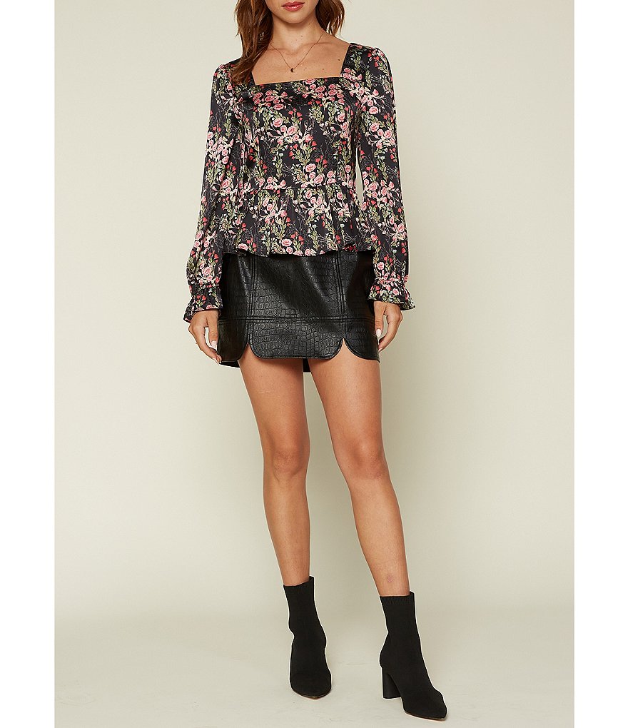 Skies Are Blue Floral Print Square Neck Long Sleeve Peplum Top