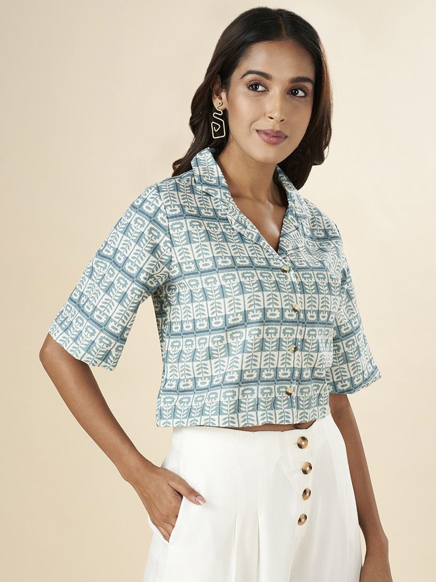Akkriti by Pantaloons Teal Blue Cotton Printed Crop Top
