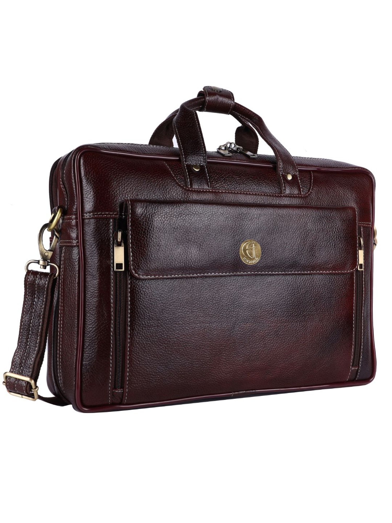 HiLEDER 100% Pure Genuine Leather  Spacious Briefcase Laptop Messenger Travel Office Bag, Brown