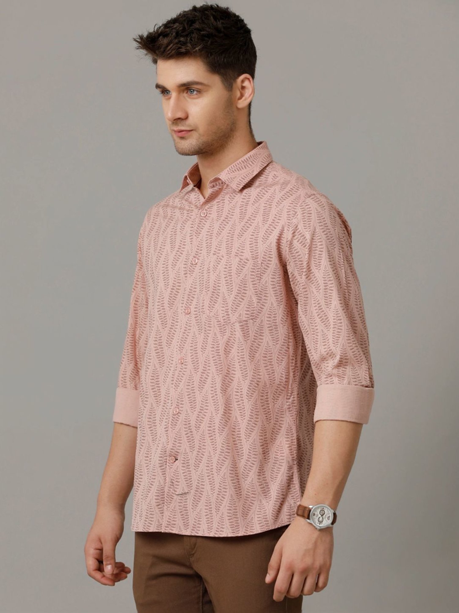 Cavallo By Linen Club Peach Linen Contemporary Fit Printed Shirt