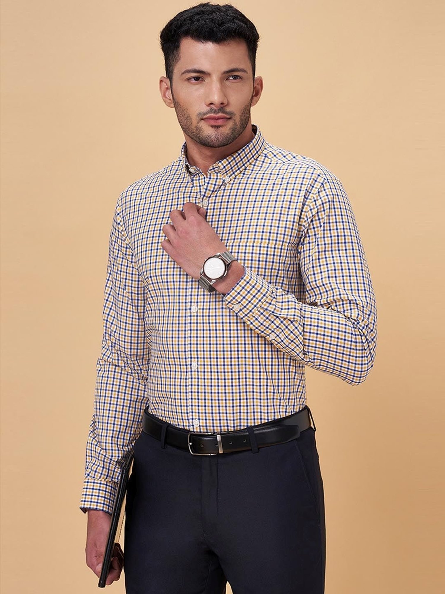 Peregrine by Pantaloons Yellow Cotton Slim Fit Checks Shirt