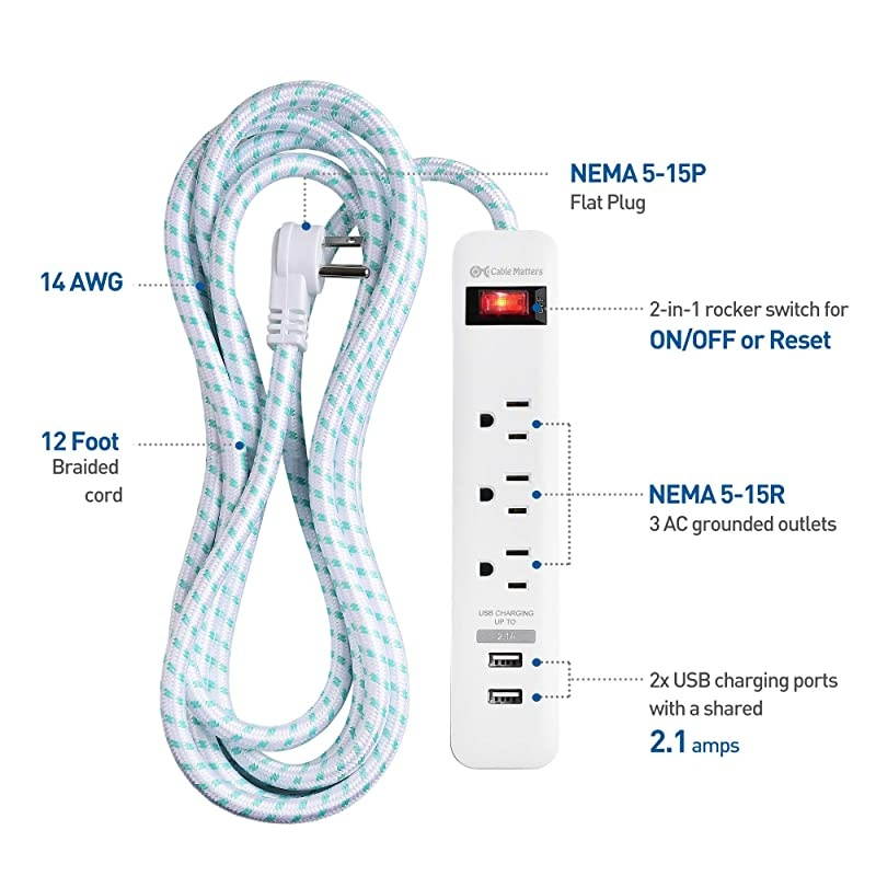 2-Pack 3 Outlet Surge Protector Power Strip with USB Charging Ports with Low Profile Plug and 12 Foot Power Cord in White