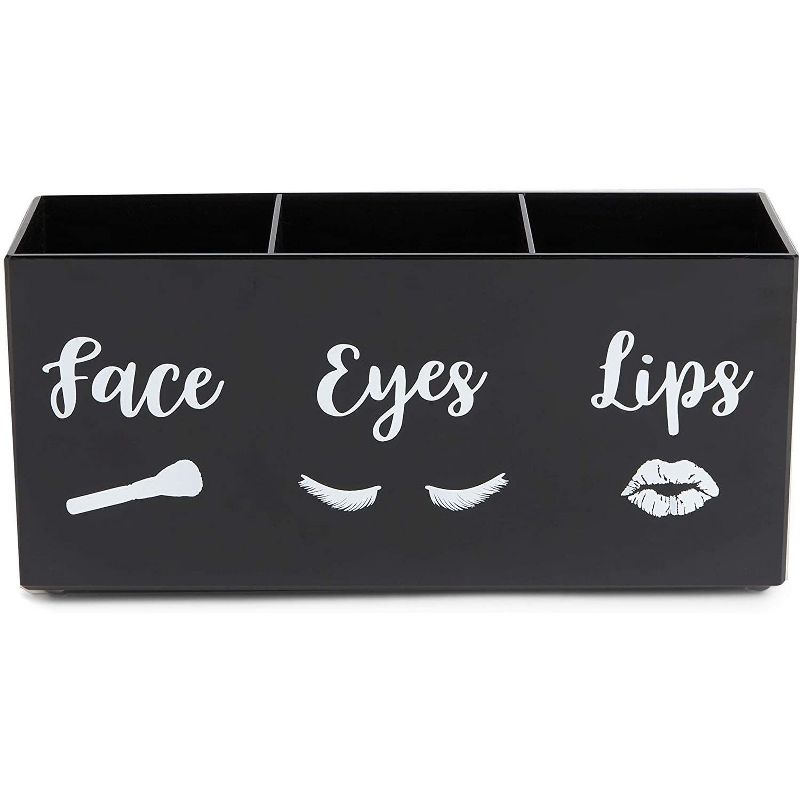 Glamlily 2 Pack 3 Slot Black Acrylic Makeup Brush Holders, Face Eyes Lips (7.9 x 3.75 x 2.8 in)