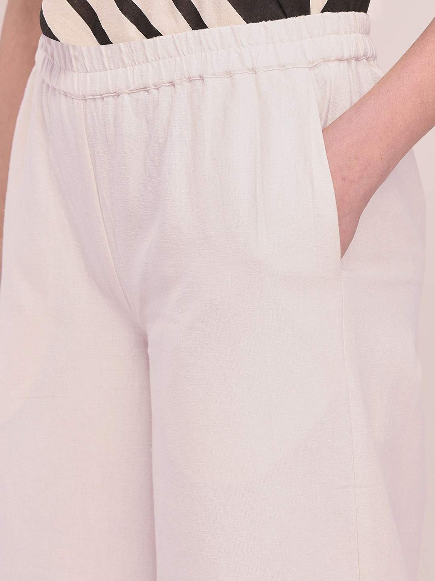 Pink Fort Off-White Cotton Relaxed Fit Palazzos