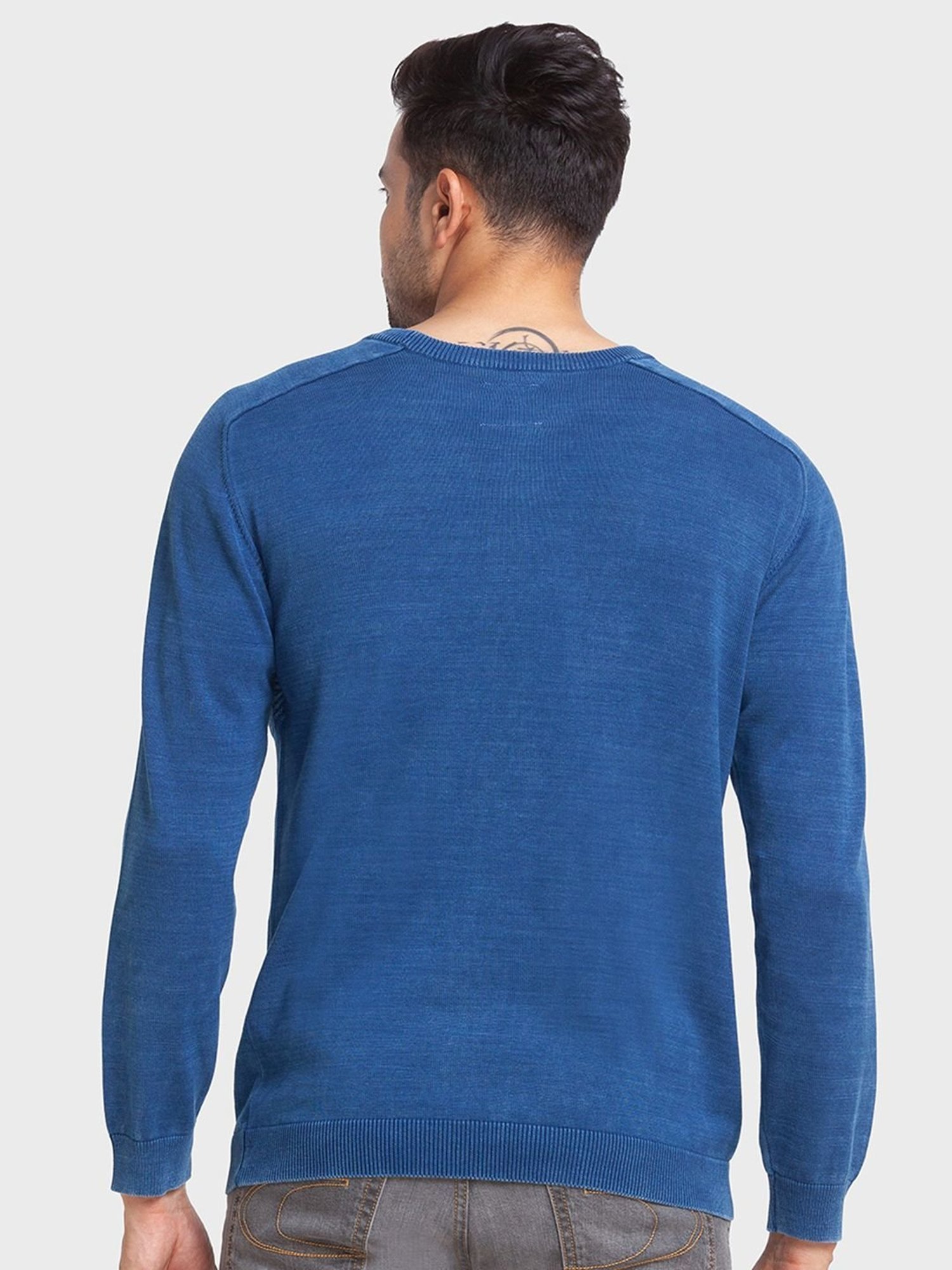 ColorPlus Blue Cotton Tailored Fit Self Pattern Sweaters