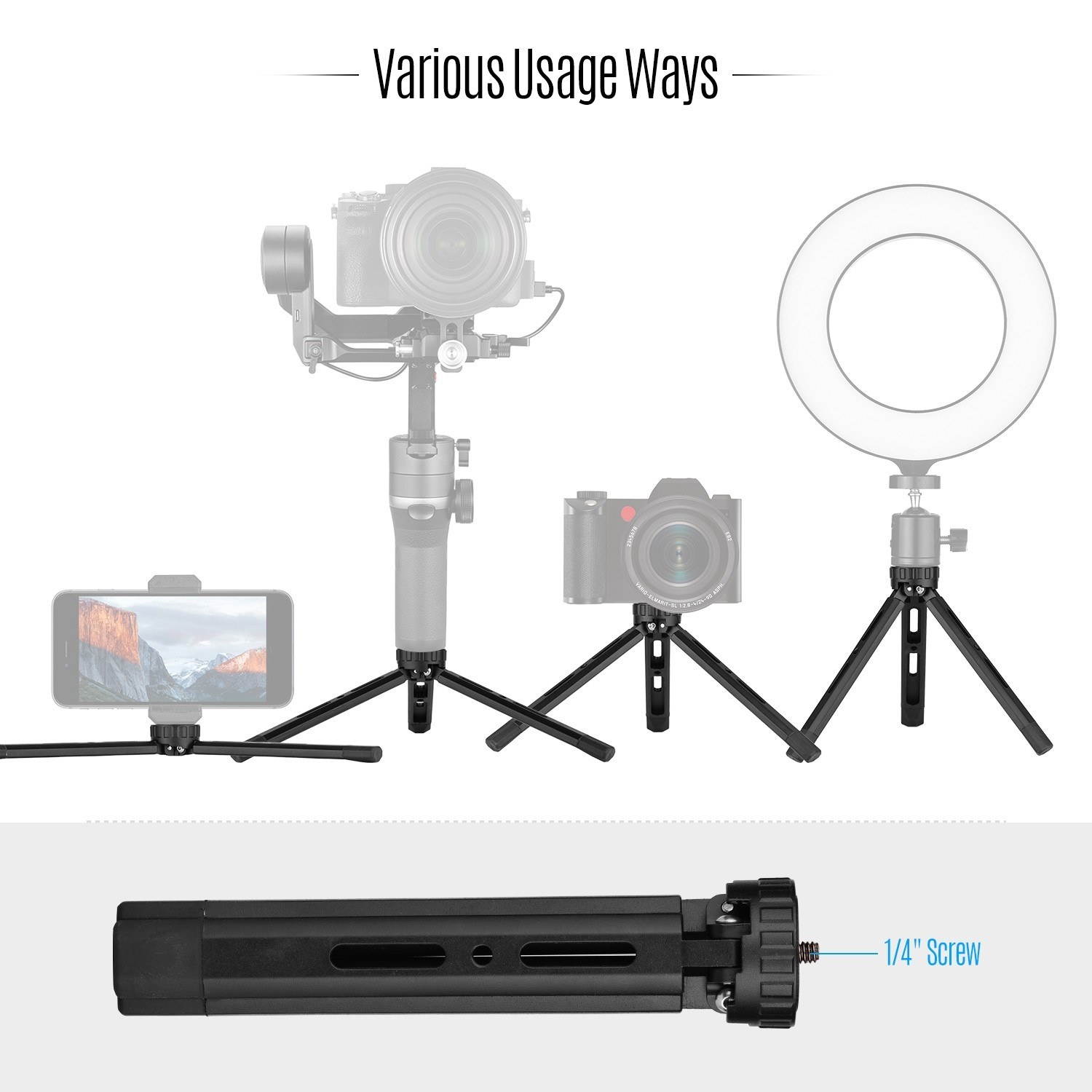 Desktop Metal Tripod Stand 1/4 inch Screw 4 Levels Adjustable Height for DSLR Camera Gimbal Stabilizer