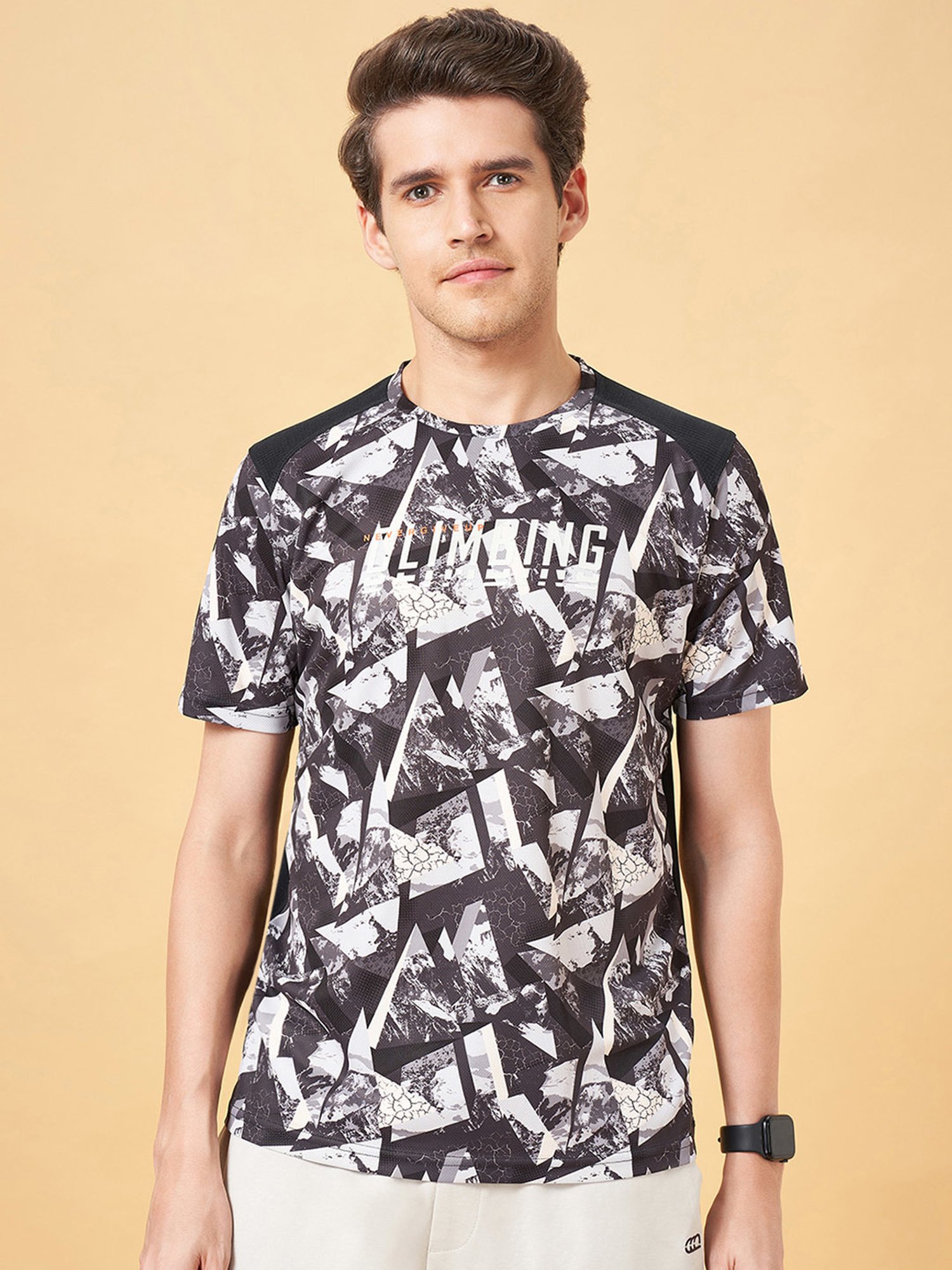 Ajile by Pantaloons Jet Black Slim Fit Printed Sports T-Shirt