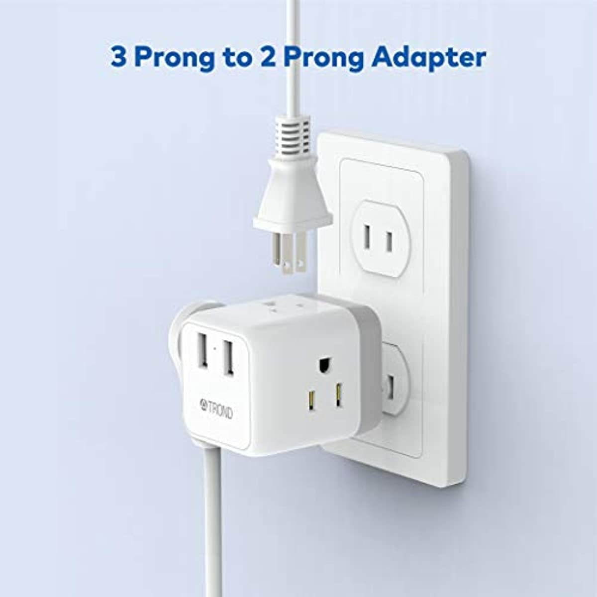 3 Prong to 2 Prong Adapter, TROND Outlet Extender Splitter Expander with 3 Grounded Outlets and 2 USB Ports, Type A Plug Extender, Travel Adapter for US to Japan, White
