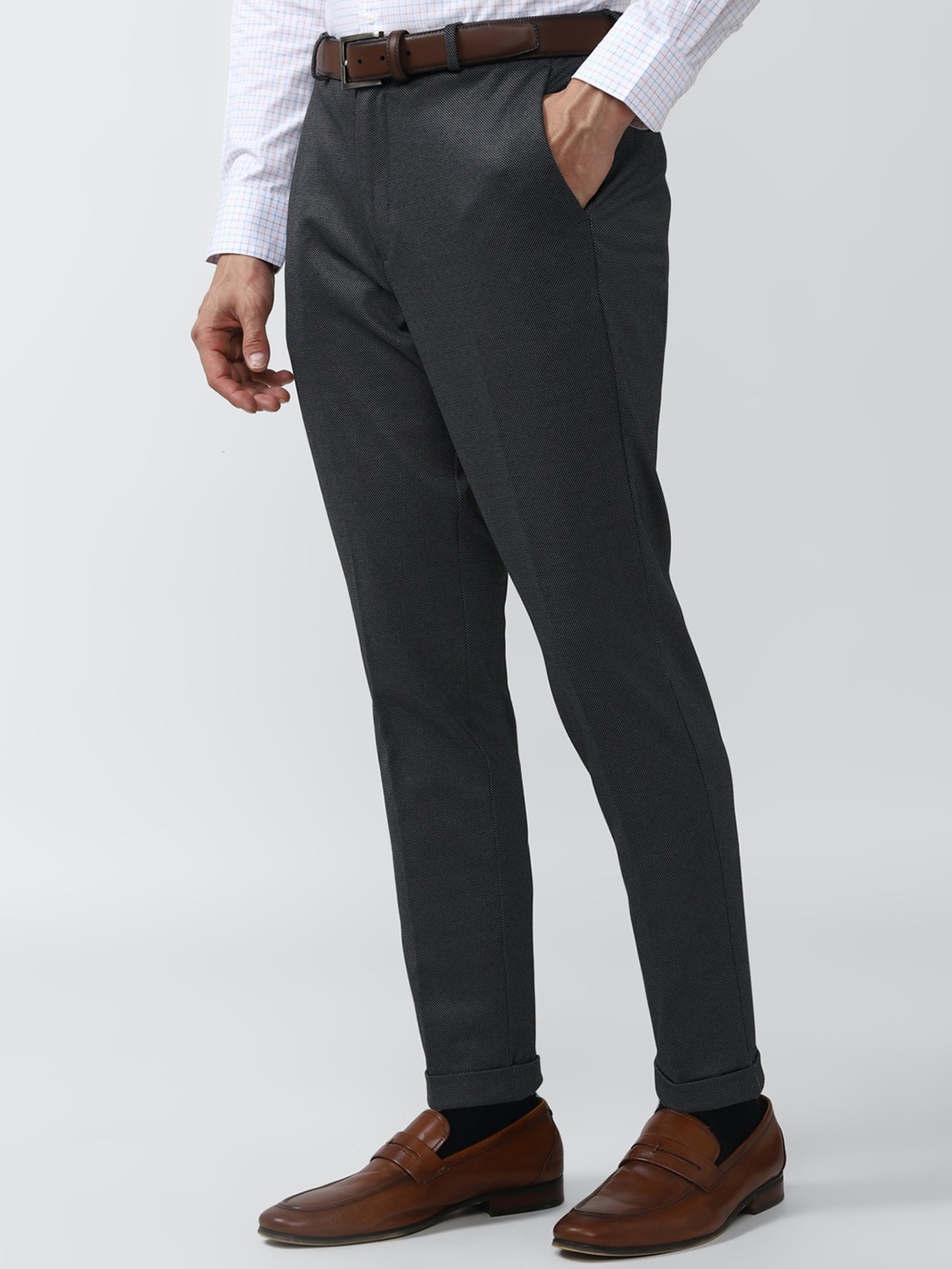 Peter England Grey Regular Fit Flat Front Trousers
