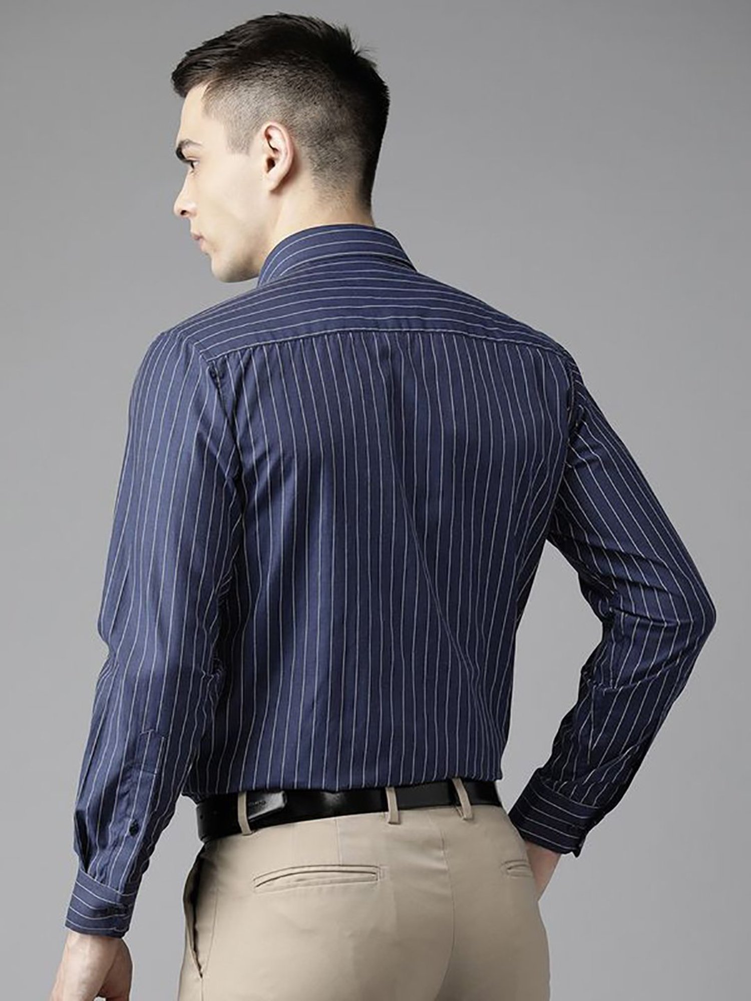 English Navy Navy Blue Slim Fit Stripes Shirts