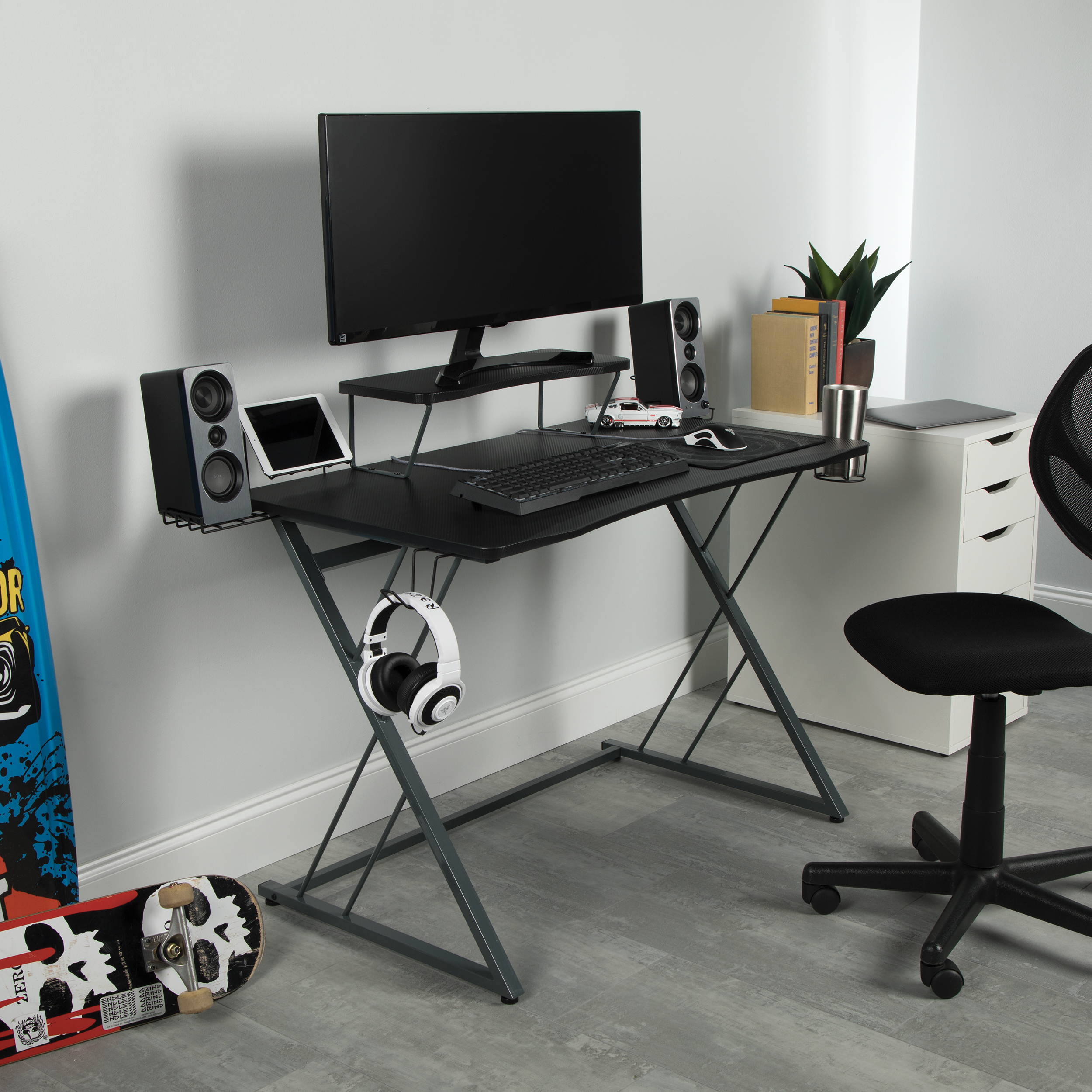 OFM Essentials Collection 55" Gaming Computer Desk, 35" Monitor Shelf, Z-Base, in Gray/Black (ESS-1101-GRY-BLK)