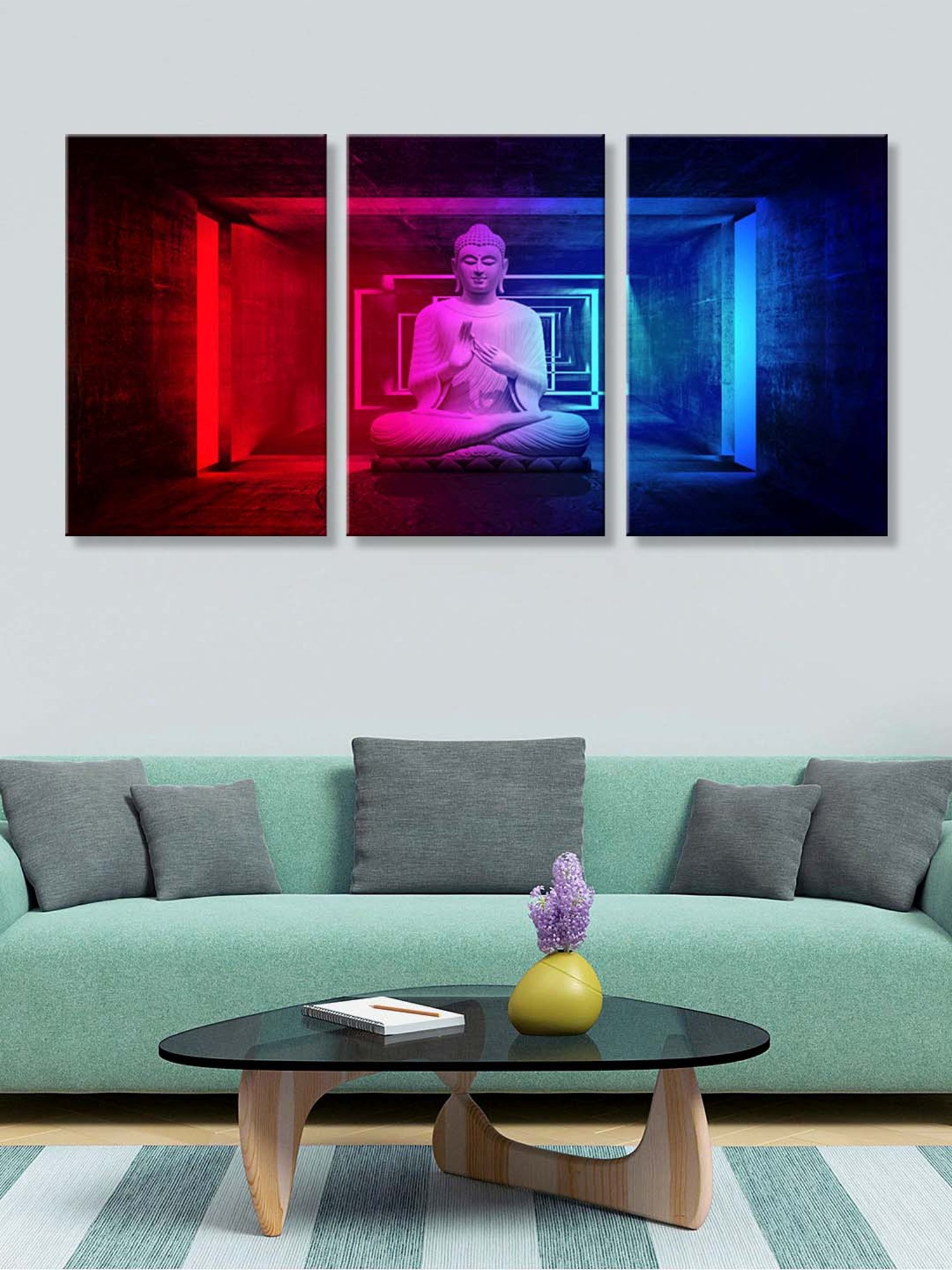 999Store Blue & Red Buddha Art 3 Frame Canvas Paintings