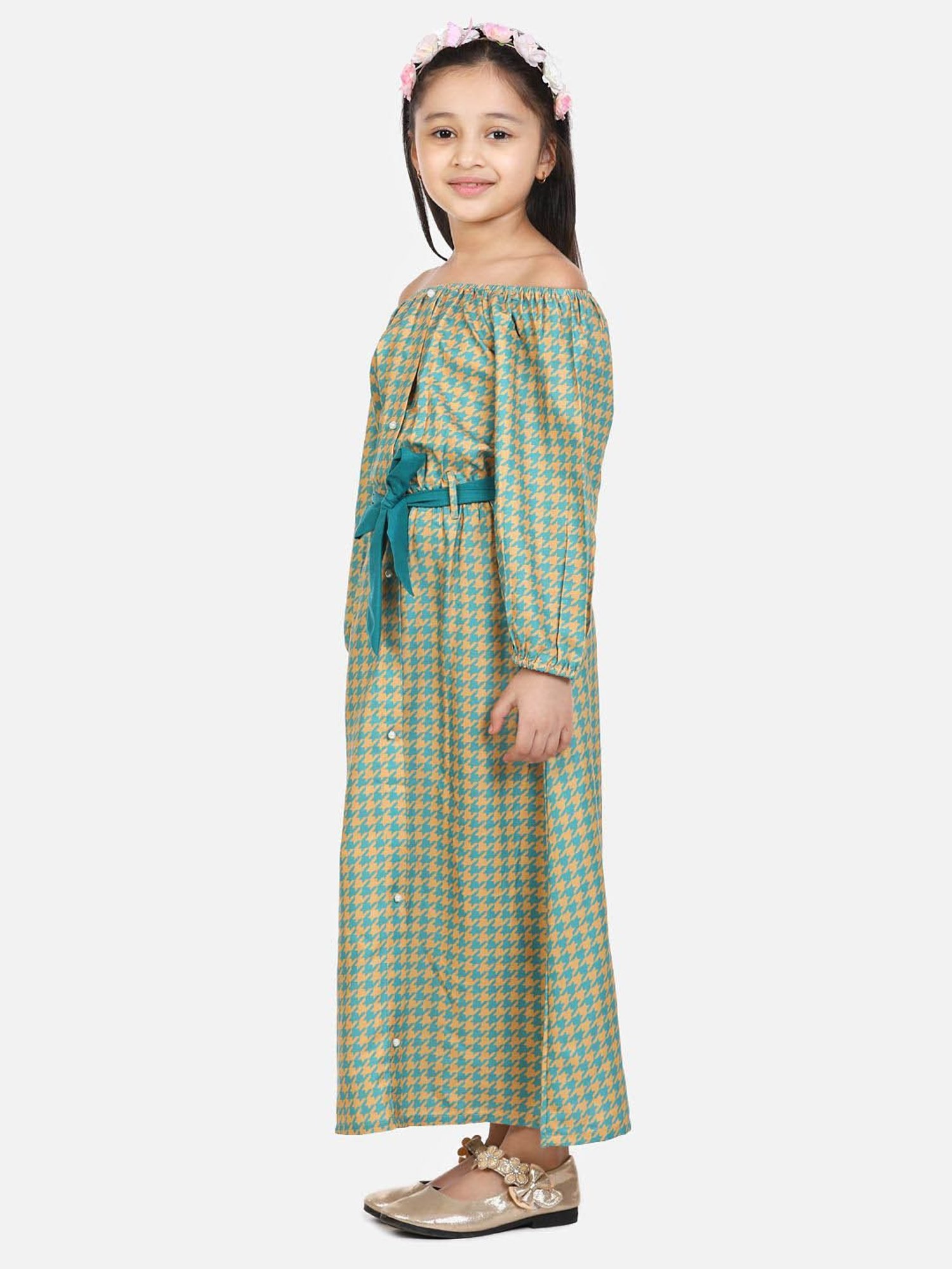 LilPicks Kids Green Cotton Printed Full Sleeves Dress