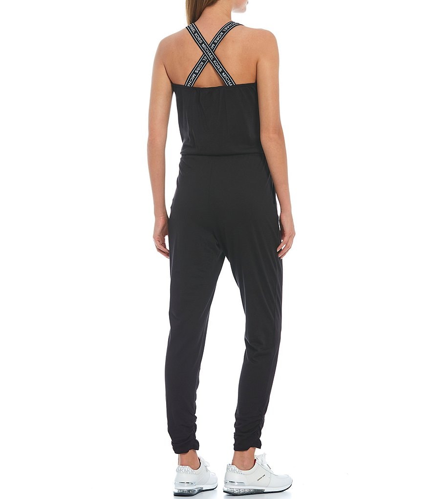 MICHAEL Michael Kors Knit Jersey V-Neck Logo Straps Sleeveless Crisscross Back Drawstring Waist Jumpsuit