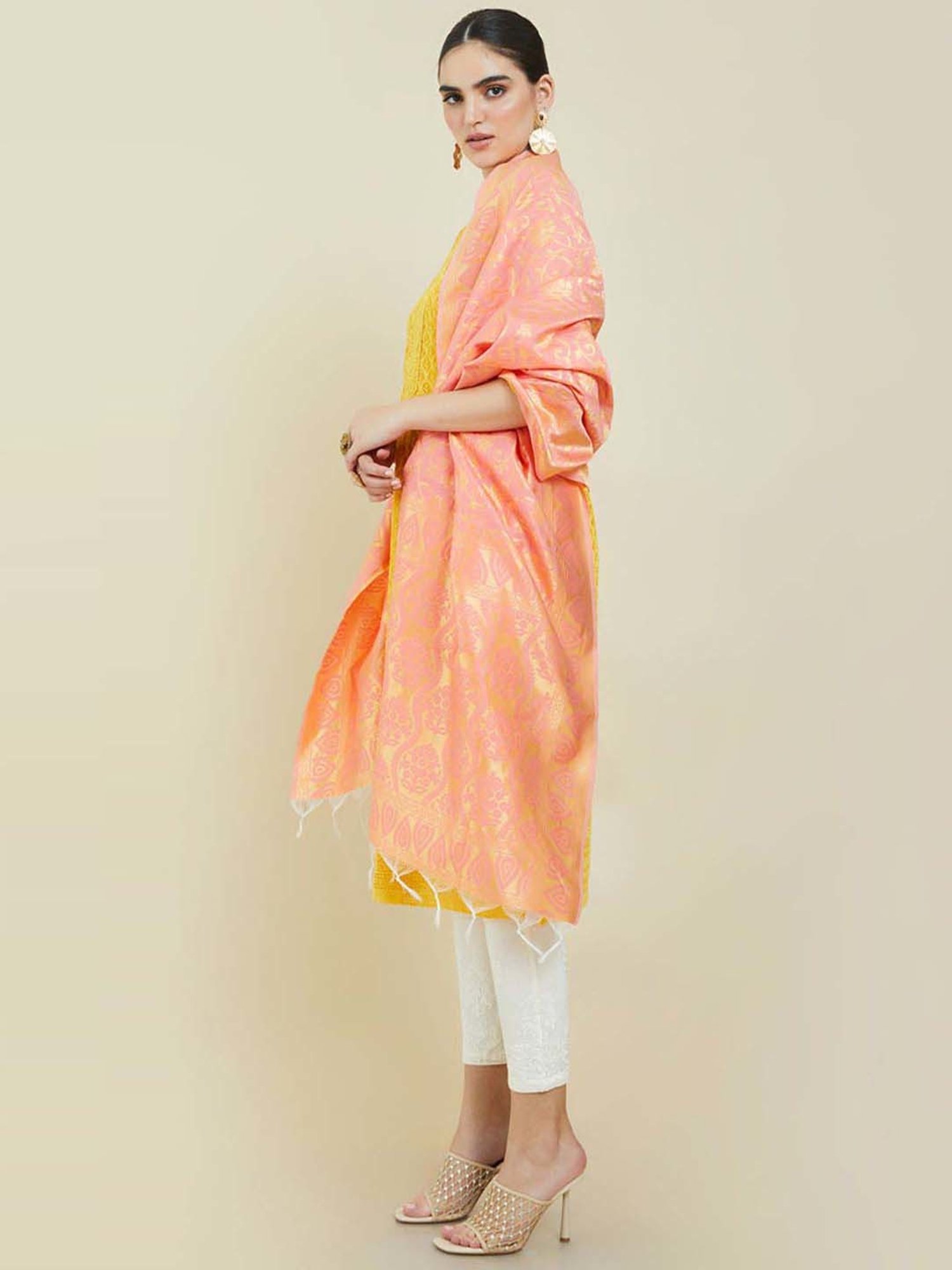 Soch Peach Woven Pattern Dupatta