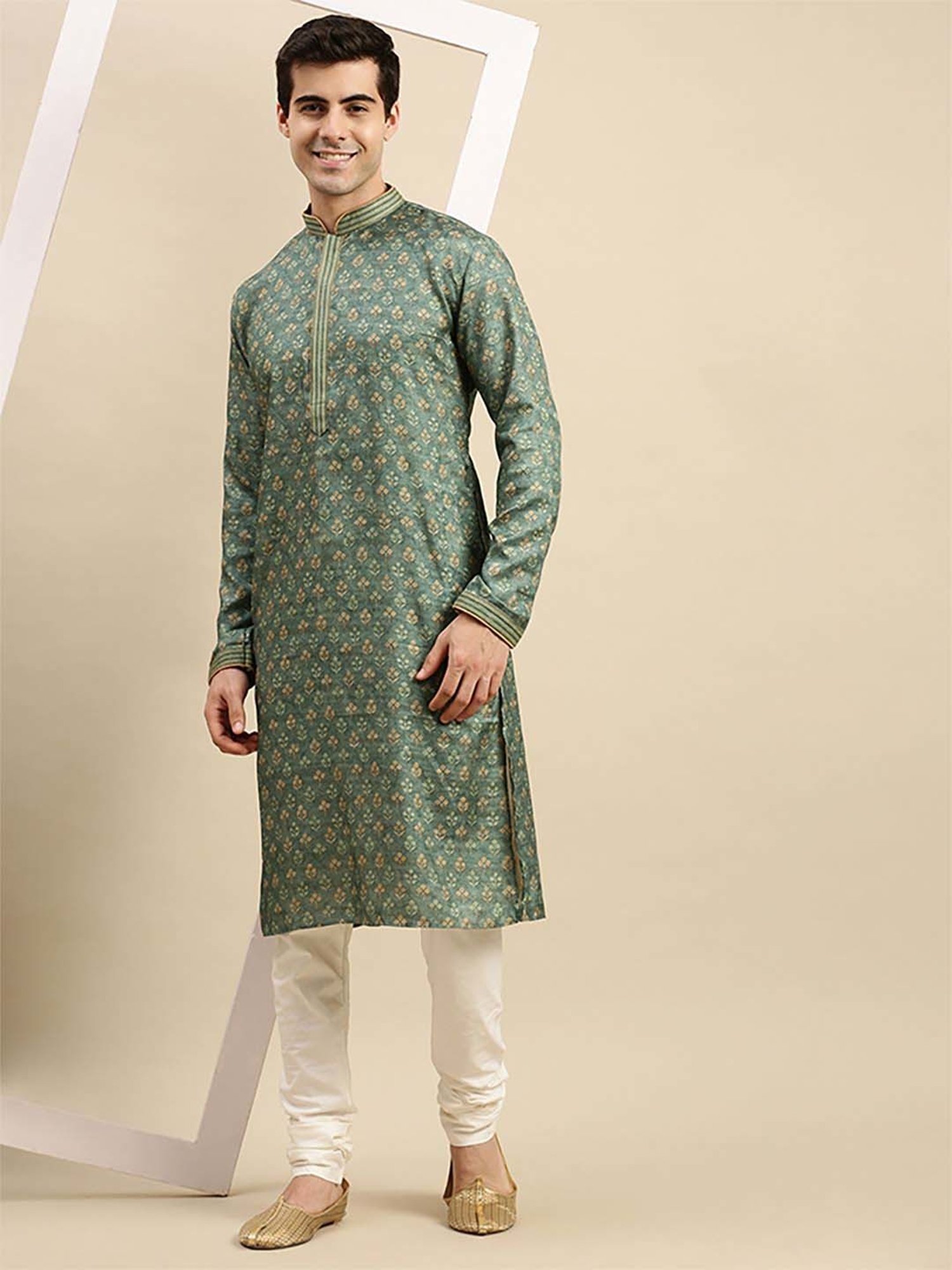 Sanwara Green & White  Regular Fit Self Pattern Kurta Bottom Sets