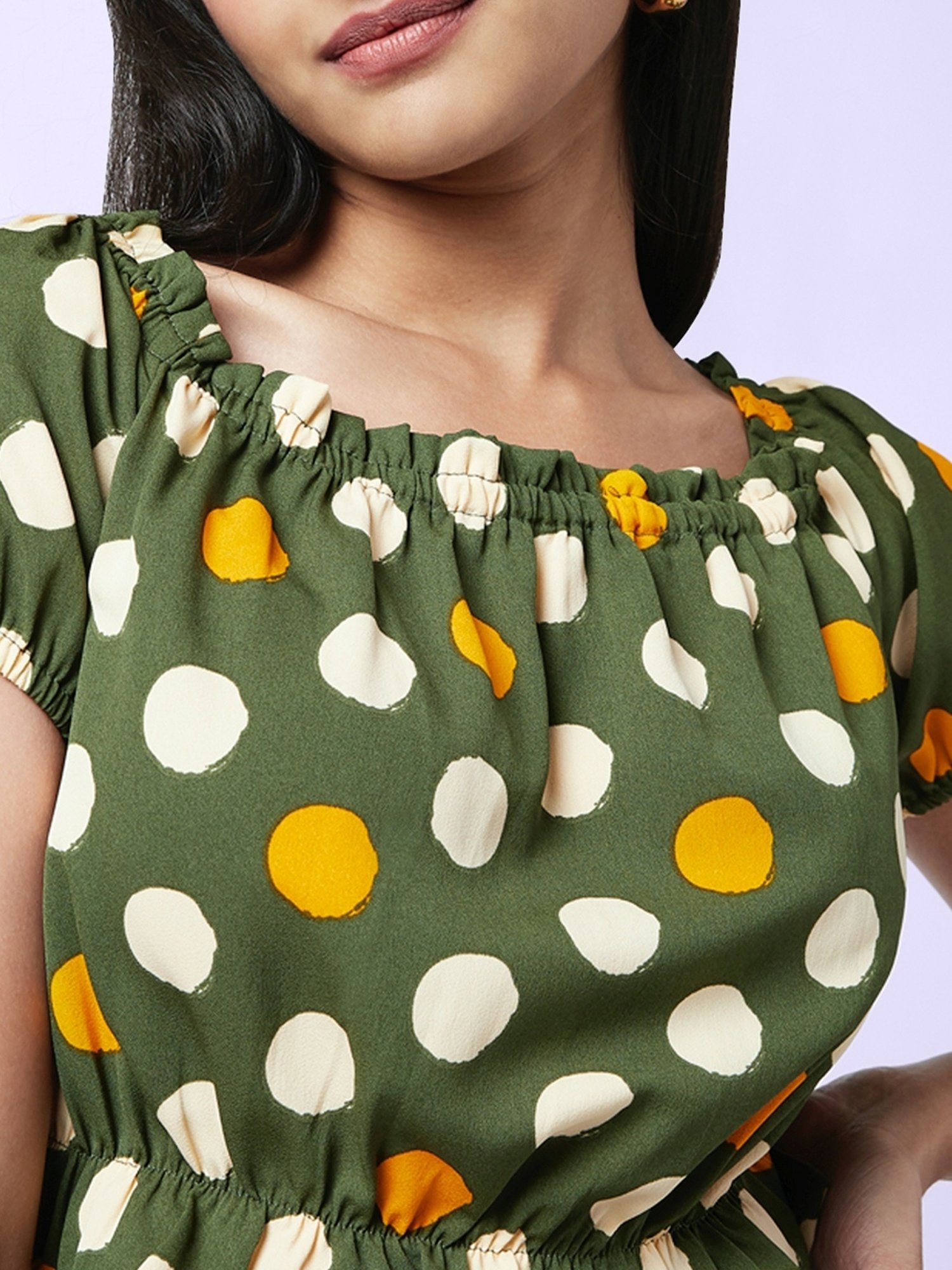 YU by Pantaloons Green Cotton Polka Dots Crop Top