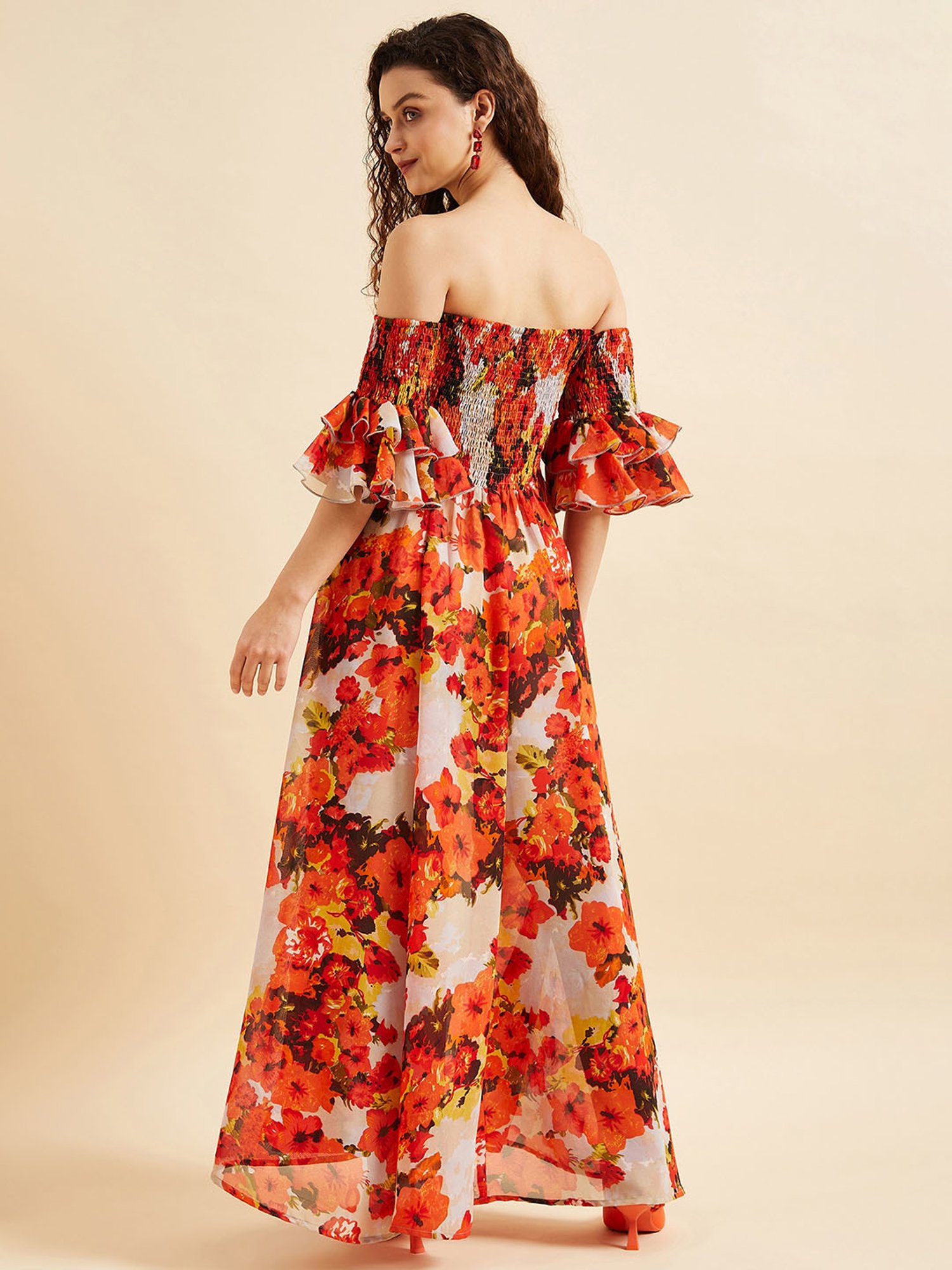 PANIT Orange Floral Print Ethnic Dress