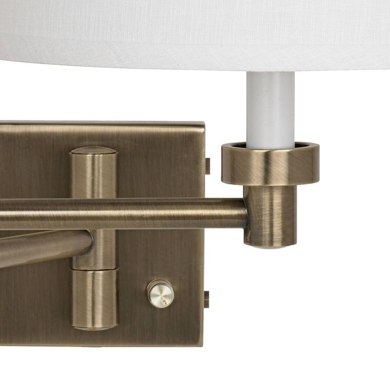 Barnes and Ivy Modern Swing Arm Wall Lamp Antique Brass Plug-In Light Fixture White Linen Drum Shade for Bedroom Bedside Reading