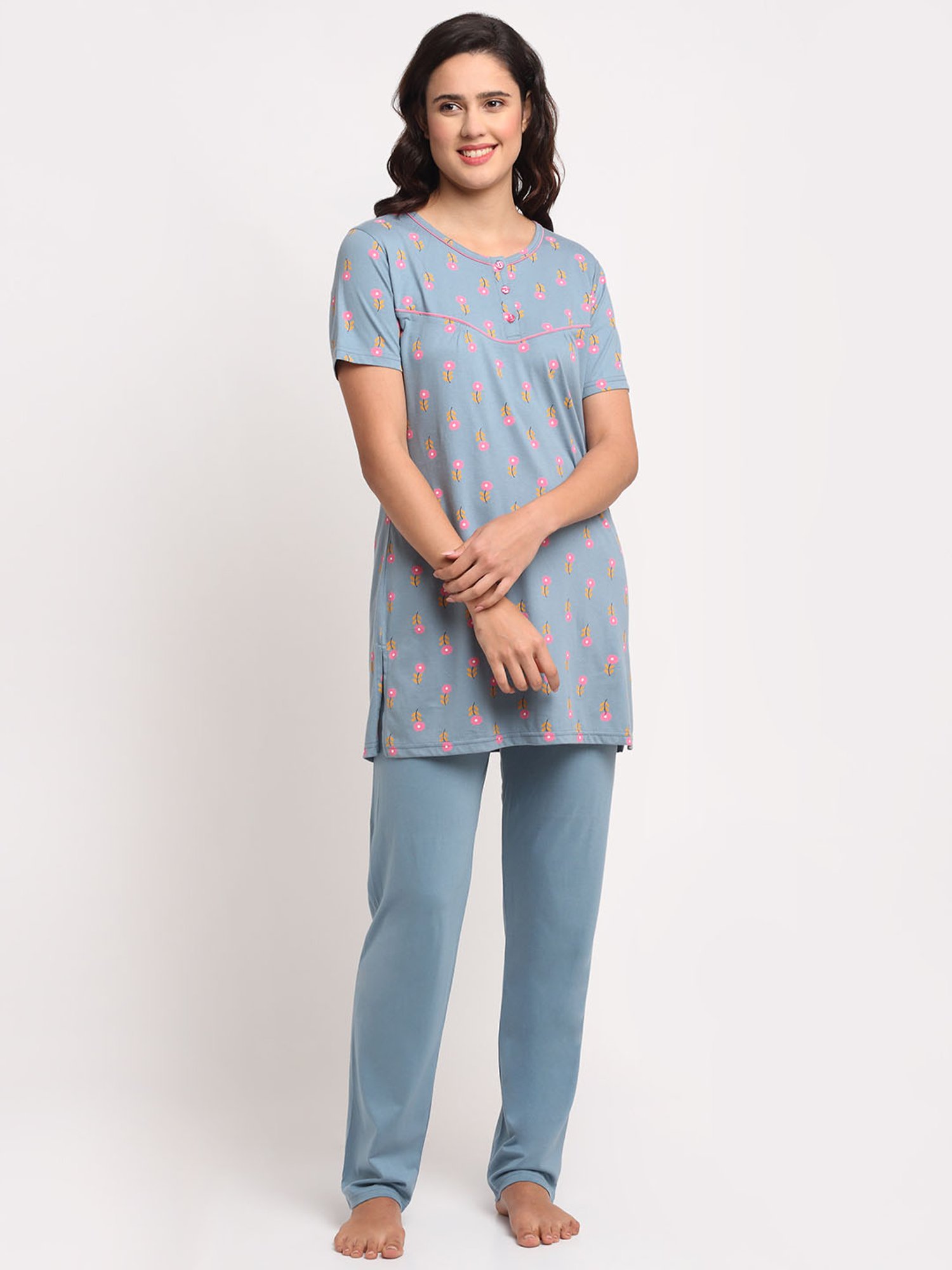 Kanvin Blue Floral Print Tunic with Pyajmas