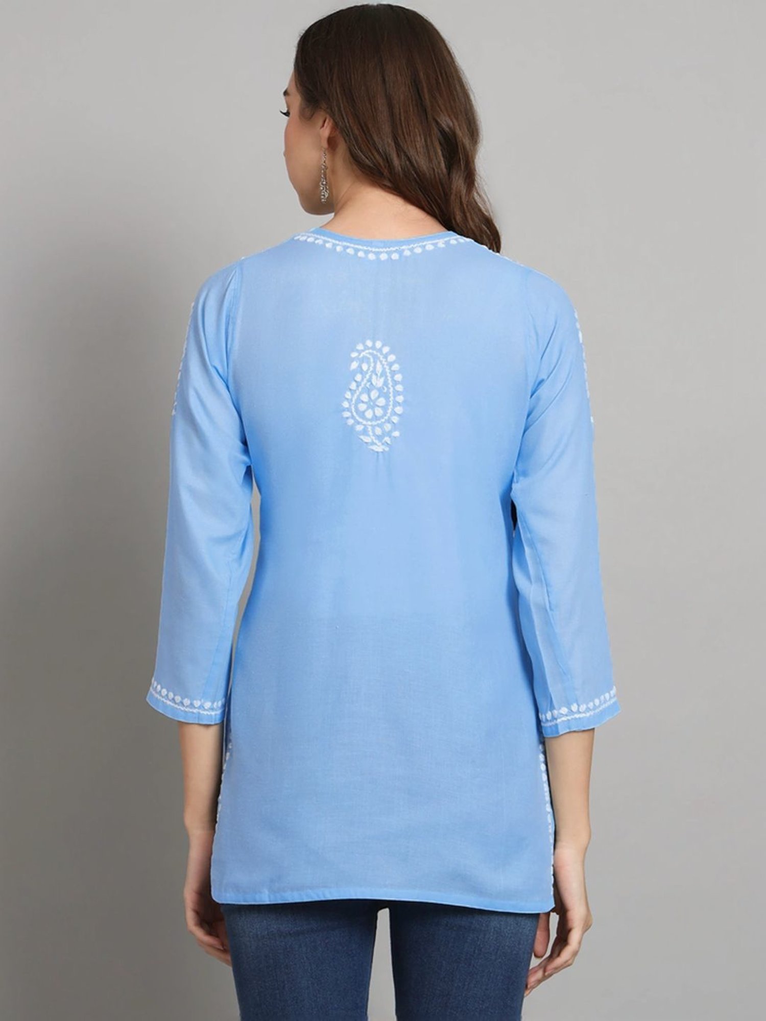 PARAMOUNT CHIKAN Sky Blue Cotton Hand Embroidered Chikankari Straight Kurti