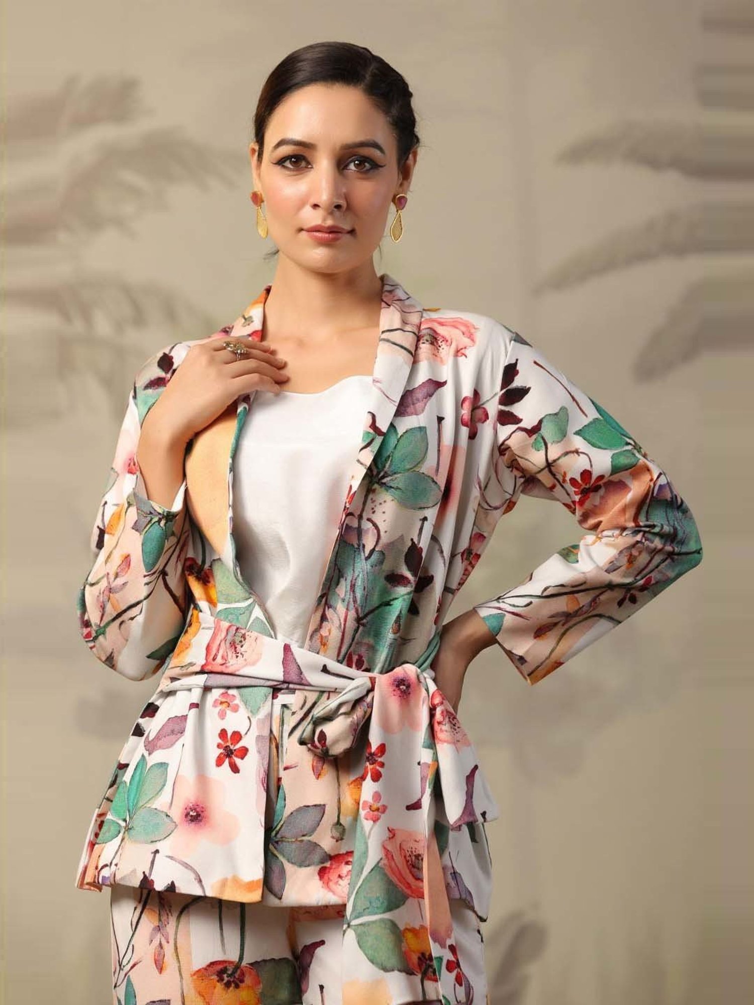 SCAKHI White Floral Print Blazer Palazzo Set