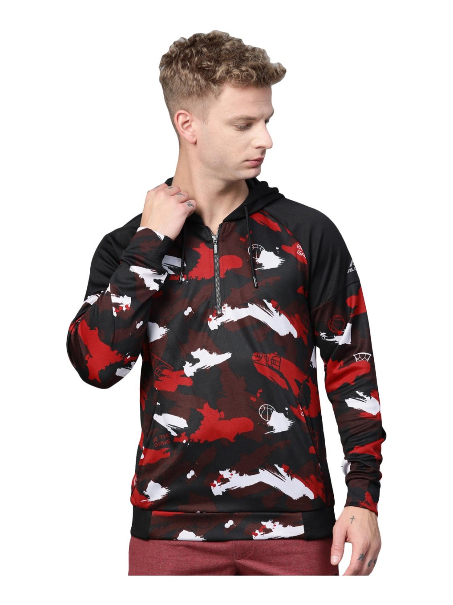 ALCIS Red & Black Regular Fit Camouflage Hooded Sweatshirt