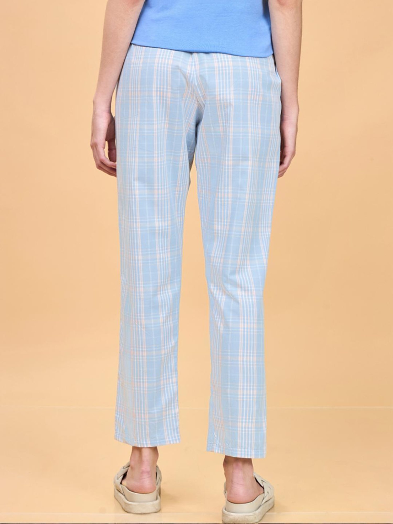 Enamor Brunnera Blue Cotton Chequered Lounge Track Pants
