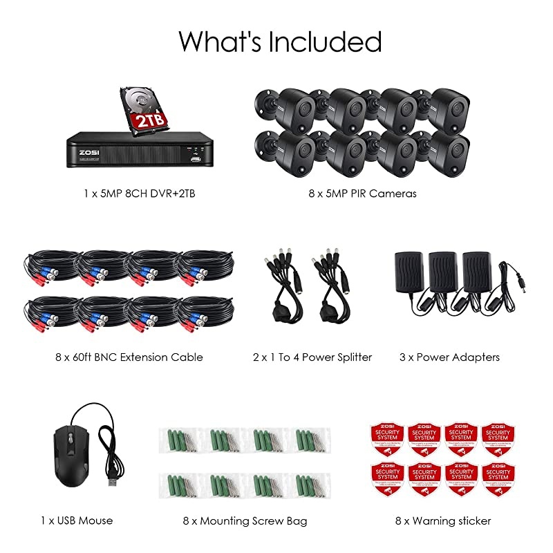 2K 5MP Home Security Camera System Outdoor Indoor, H.265+ CCTV DVR Recorder with Hard Drive 2TB and 8 x 2K(5MP) Surveillance Bullet Camera with PIR Motion Sensor (Heat and Motion), Remote Access