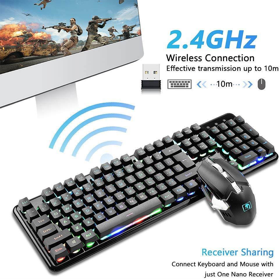 Rechargeable Keyboard and Mouse,Suspended Keycap Mechanical Feel Backlit Gaming Keyboard Mice Combo,Wireless 2.4G Drive Free,Adjustable Breathing Lamp,Anti-ghosting,4800 mAh Battery for Laptop Pc Mac