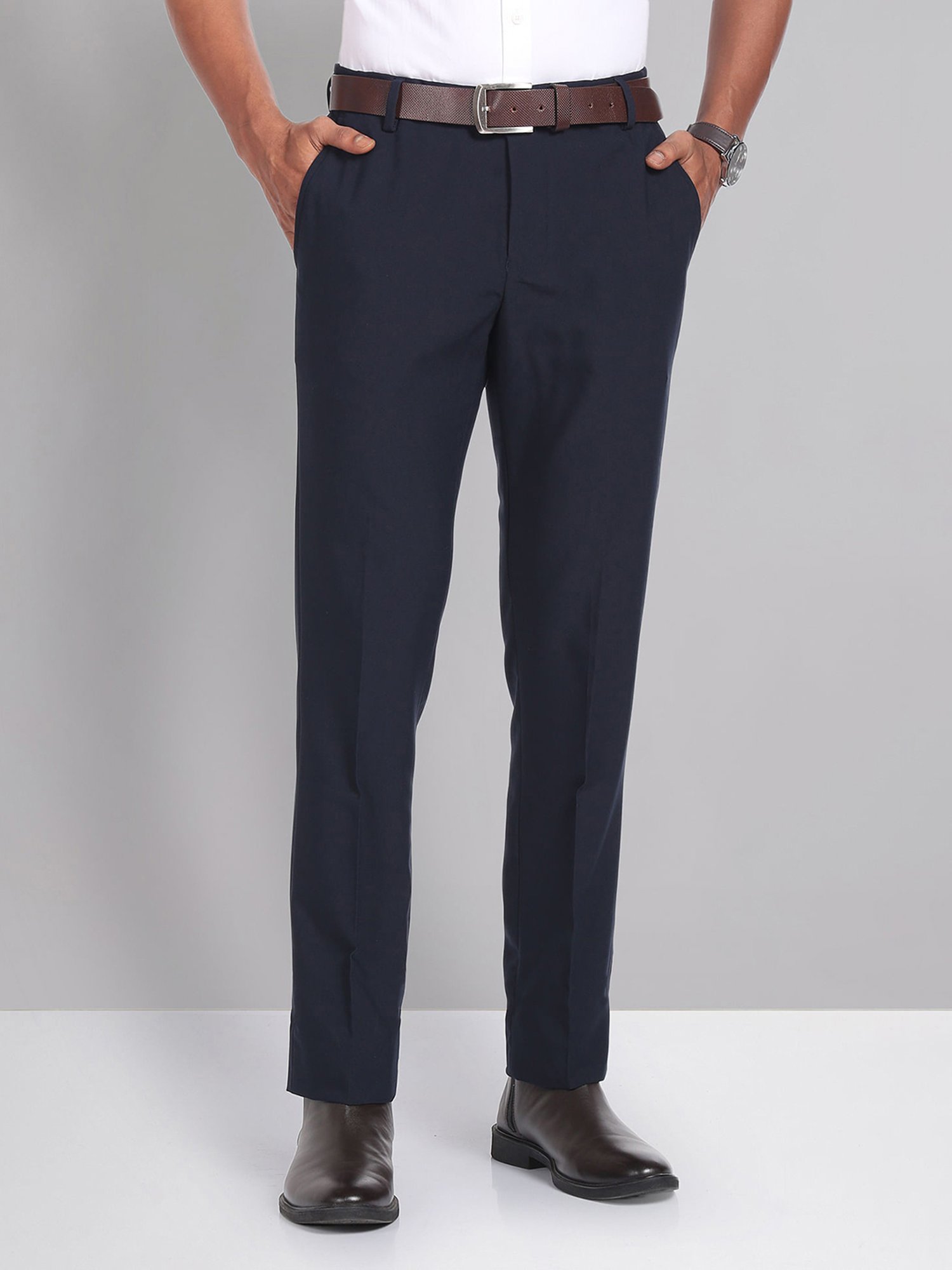 AD by Arvind Navy Slim Fit Flat Front Trousers