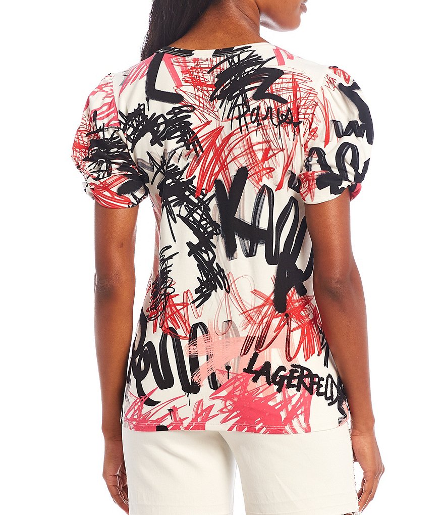 KARL LAGERFELD PARIS Graffiti Logo Print Knotted Jewel Neck Short Sleeve Blouse